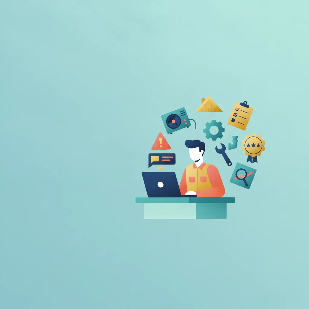 Male contractor at a desk with a laptop displaying AI chat, surrounded by flat vector icons of tools and service elements.