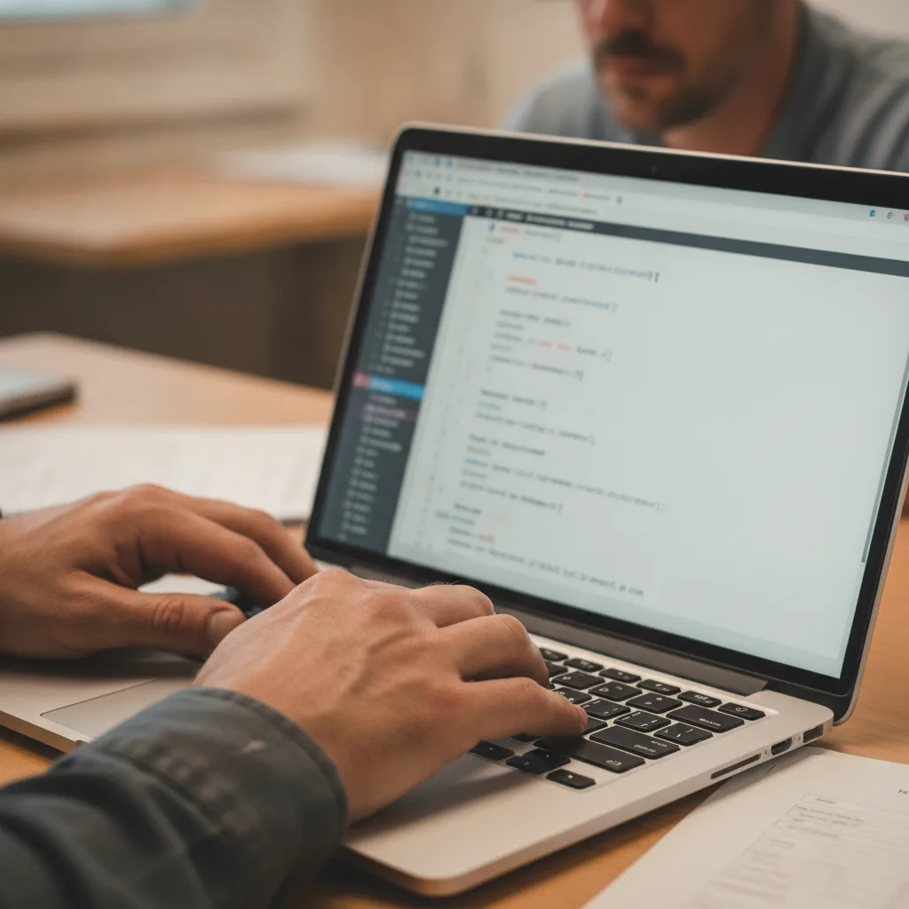 Close-up of a contractor's hands typing JSON-LD schema markup code on a laptop in an office.