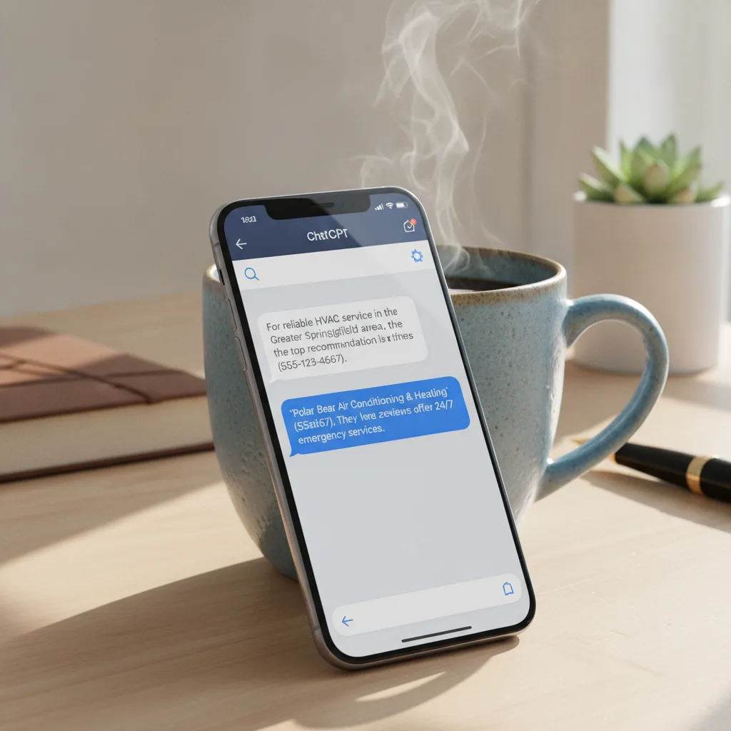 A smartphone displaying a ChatGPT conversation recommending an HVAC contractor, propped against a coffee mug.