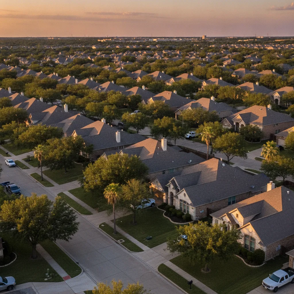 Wide shot of a Texas suburban neighborhood at golden hour, rooftops and HVAC units visible with warm light and long shadows.