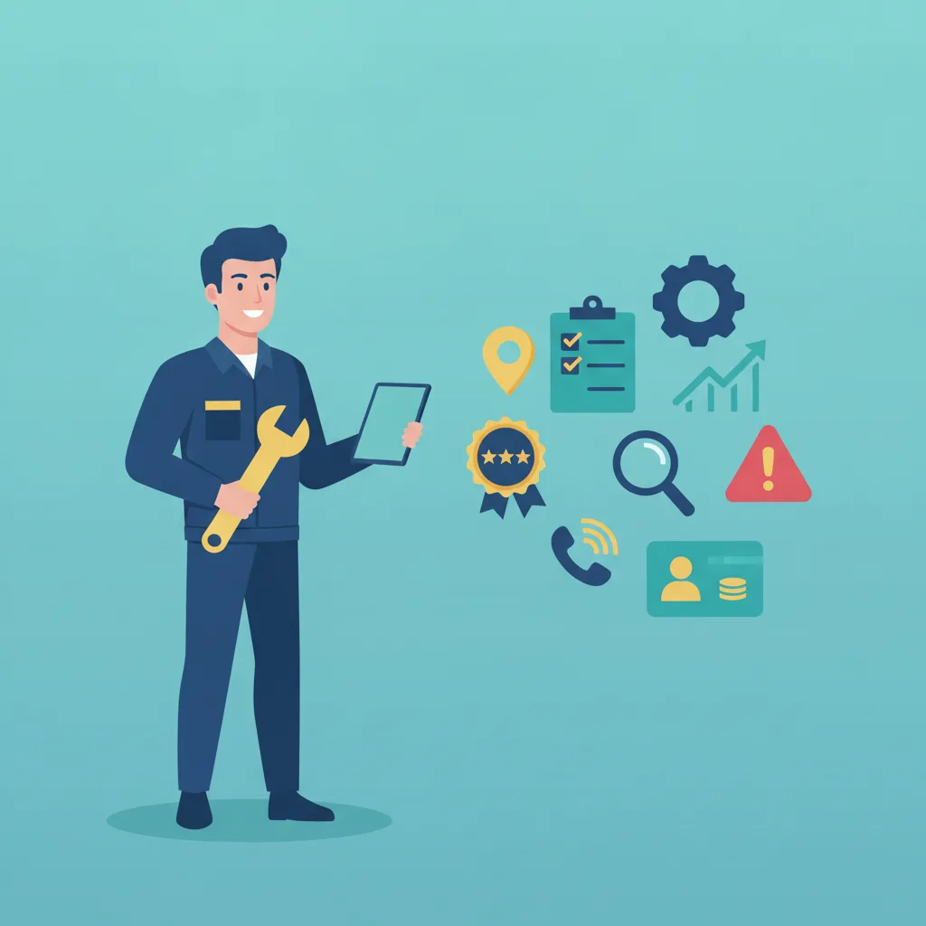 A confident plumber in a blue uniform holds a wrench and tablet, surrounded by service-related icons.