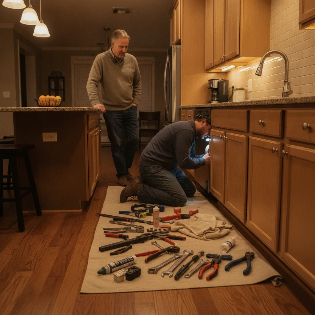 A plumber repairs a kitchen sink with tools neatly laid out, while the homeowner observes nearby.