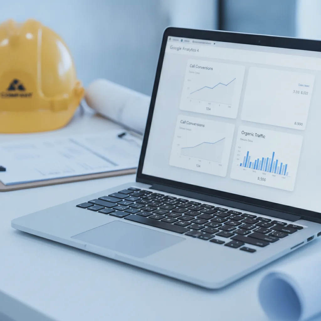 A laptop displaying a Google Analytics 4 dashboard on a contractor's desk with a hard hat and clipboard in the background.