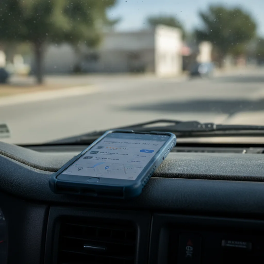 Smartphone displaying Google Maps plumbing search results on a truck dashboard.