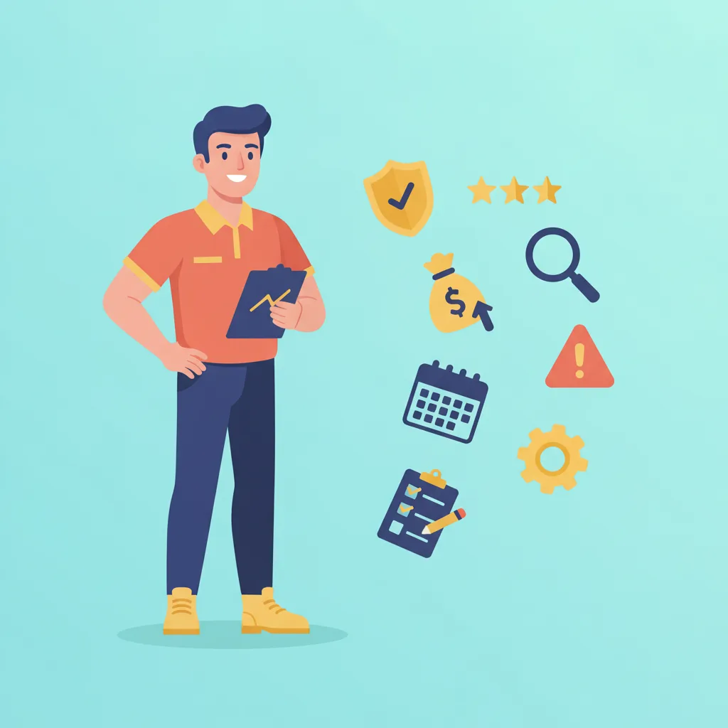 Flat vector illustration of a confident electrician holding a clipboard, surrounded by marketing and review icons.