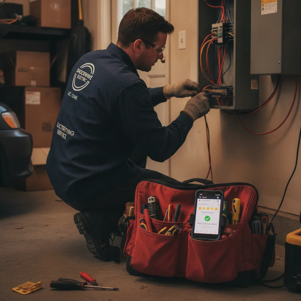 An electrician upgrading a residential panel in a garage, with a phone on his tool bag showing a 5-star review.