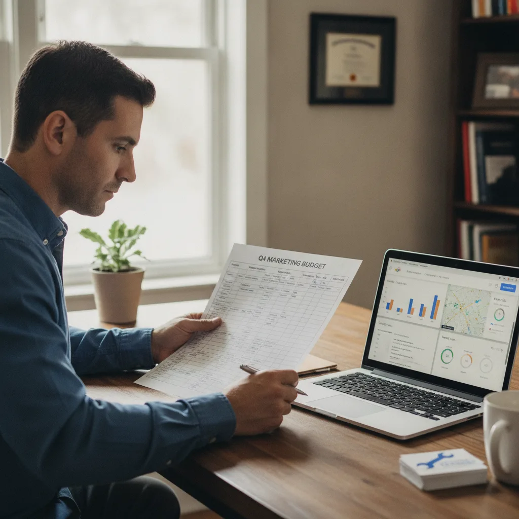 A business owner reviews a printed marketing budget and online ad dashboards in a bright, professional office.