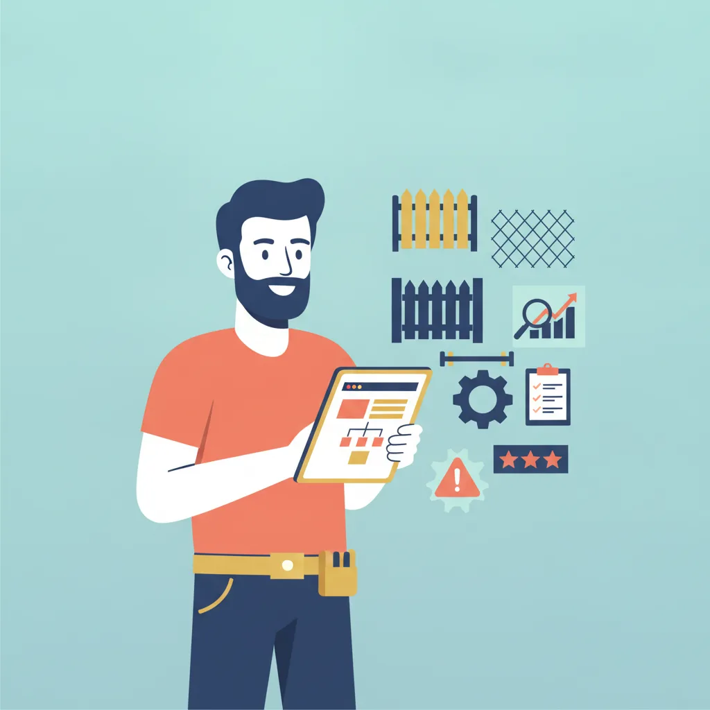 Flat vector illustration of a fence contractor holding a tablet, surrounded by fencing icons and business-related symbols.