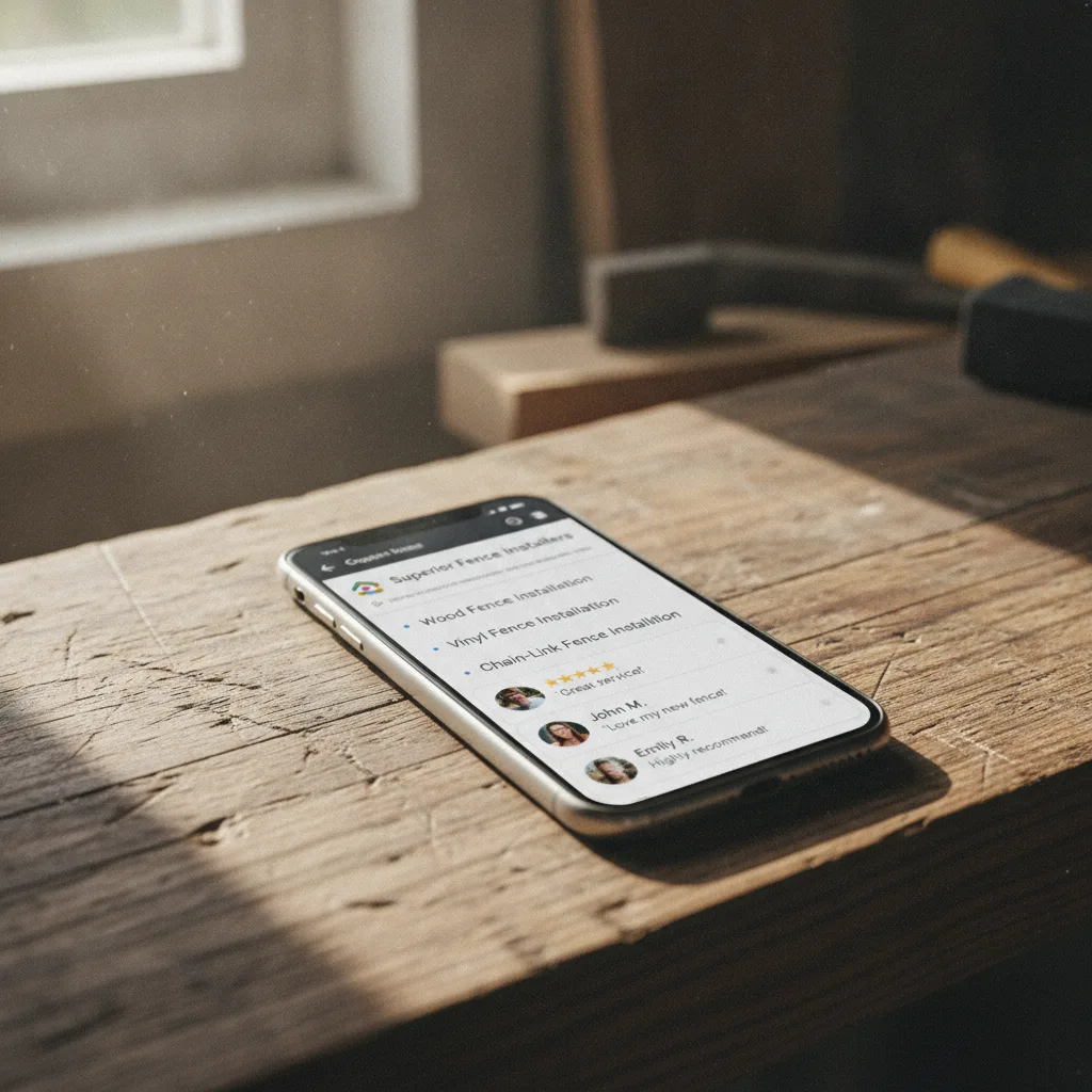 A smartphone on a workbench shows fence installation services on a Google Business Profile with five-star reviews.