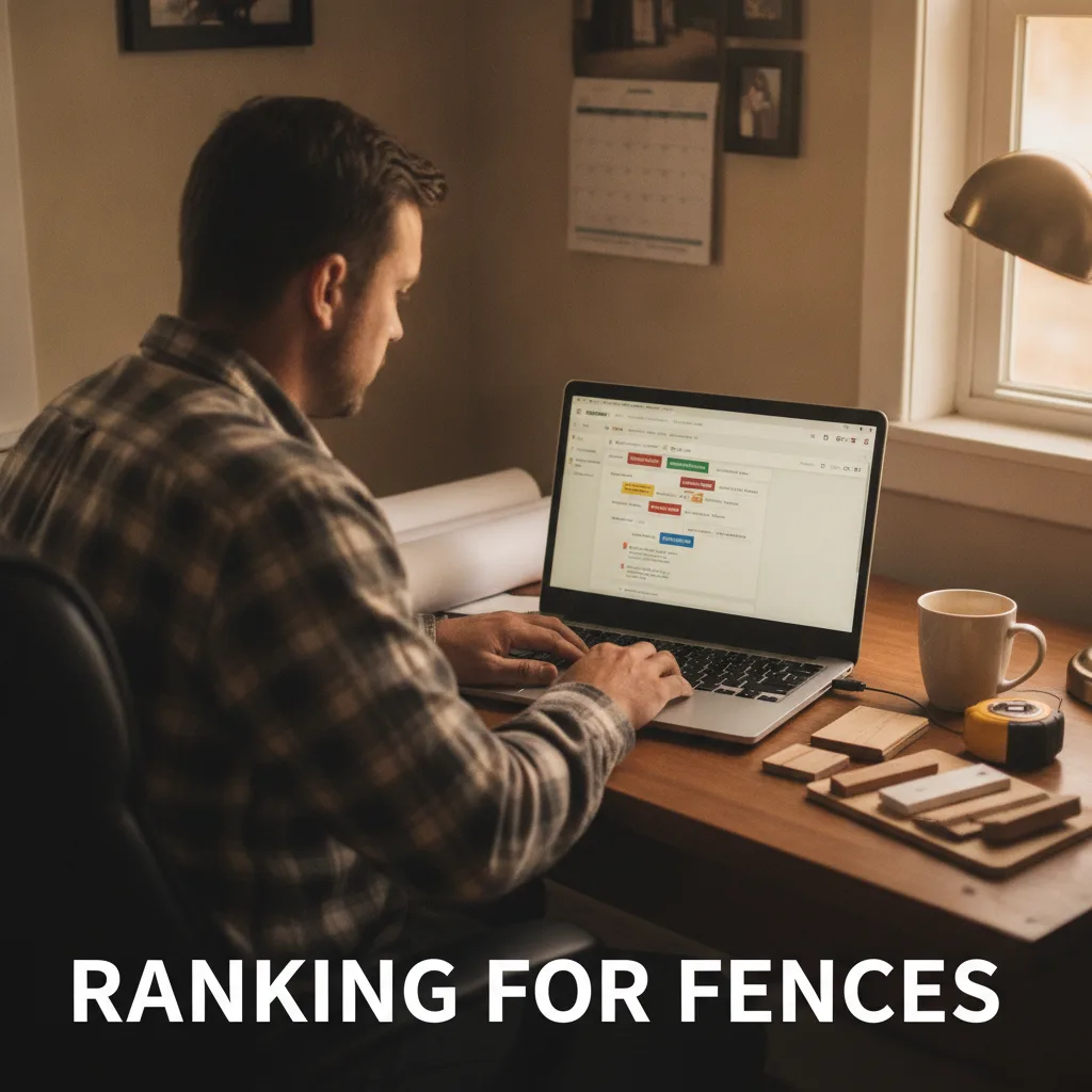 Fence contractor reviews Semrush rank tracking on a laptop in a home office with fence samples.