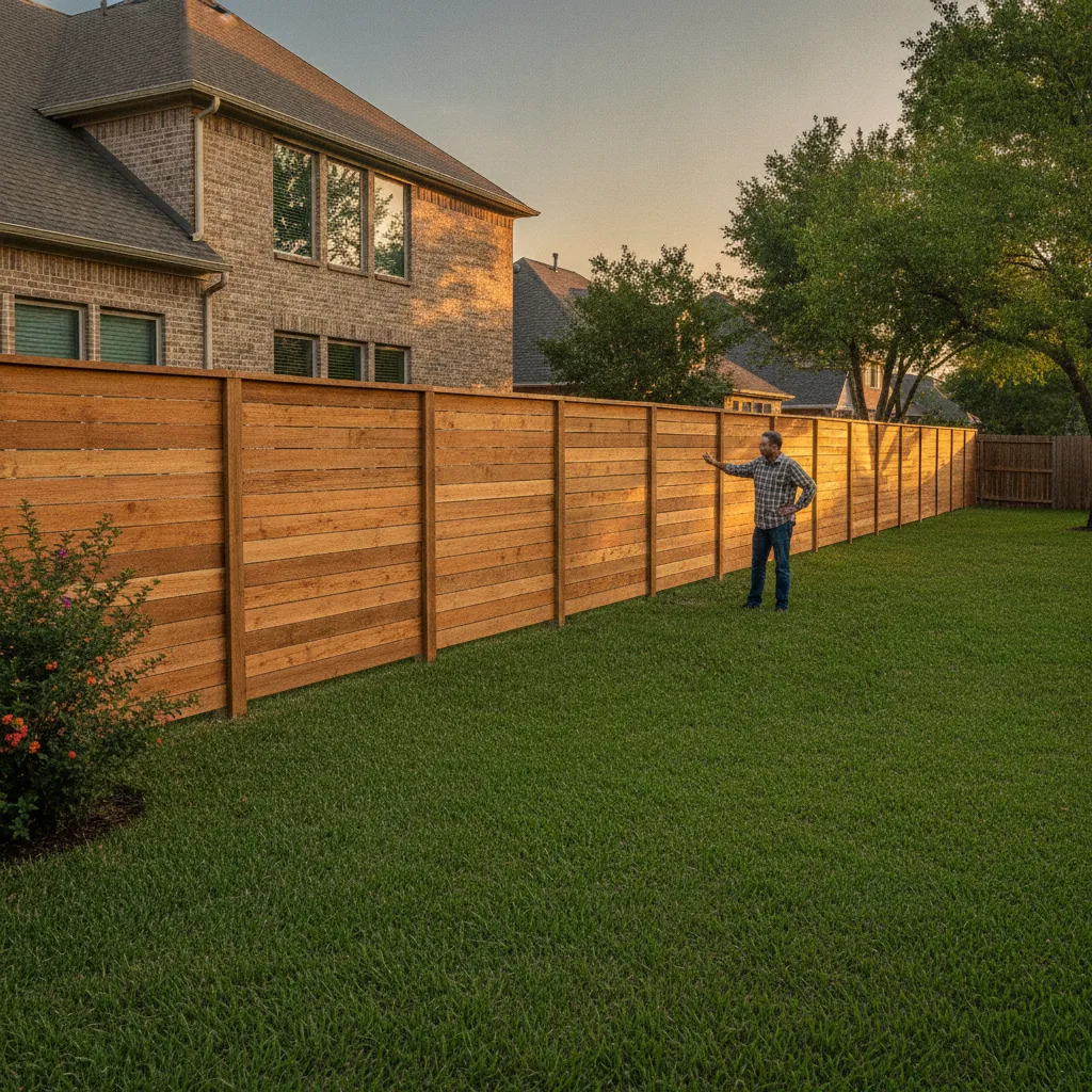 Homeowner inspecting a freshly installed cedar privacy fence in a Texas suburban backyard at sunset.