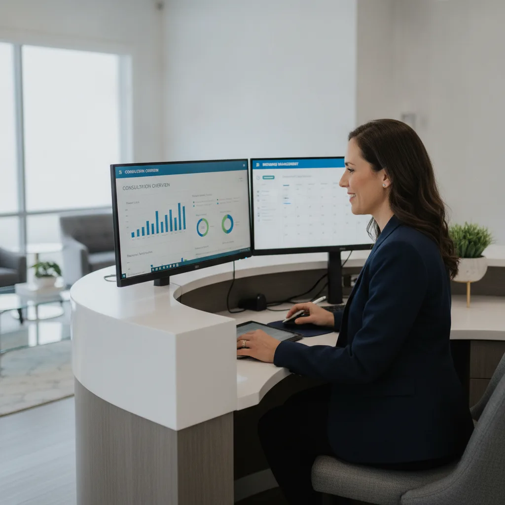 A LASIK coordinator at a front desk workstation, reviewing a dual-monitor CRM dashboard in a modern ophthalmology practice.