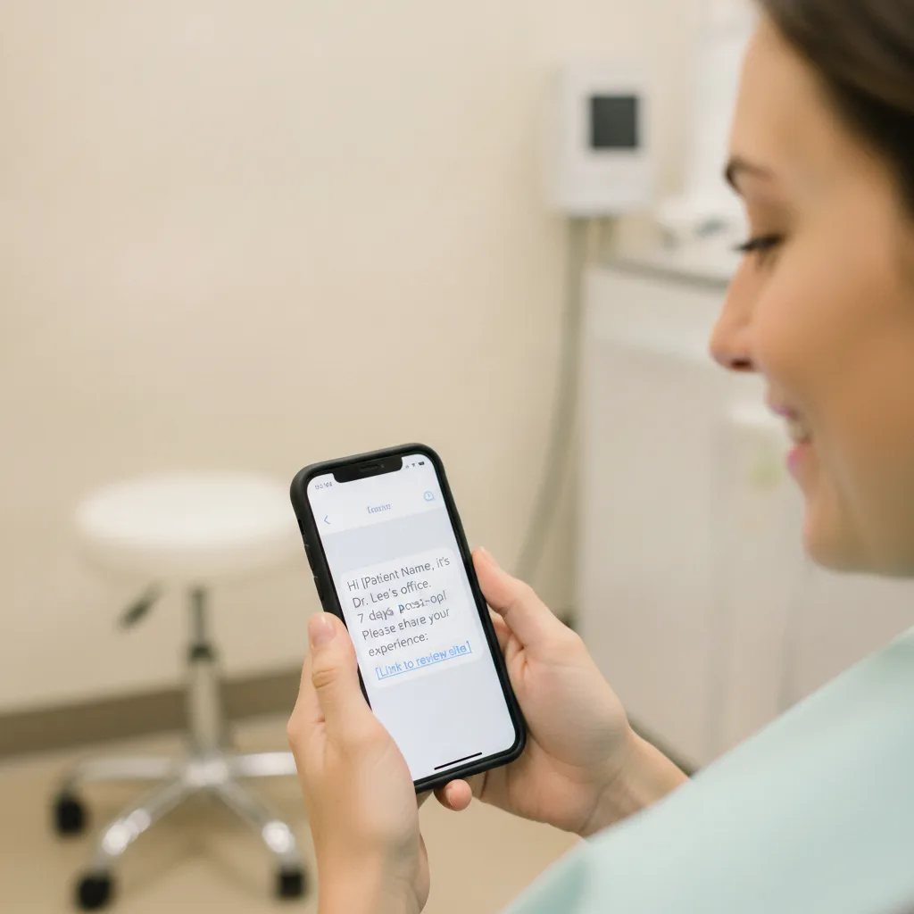A patient smiles as they read a review request SMS on their phone at a 7-day post-op LASIK appointment.