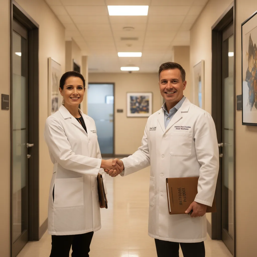 An optometrist and a LASIK surgeon in white coats shake hands in a bright clinical hallway with a referral protocol folder.