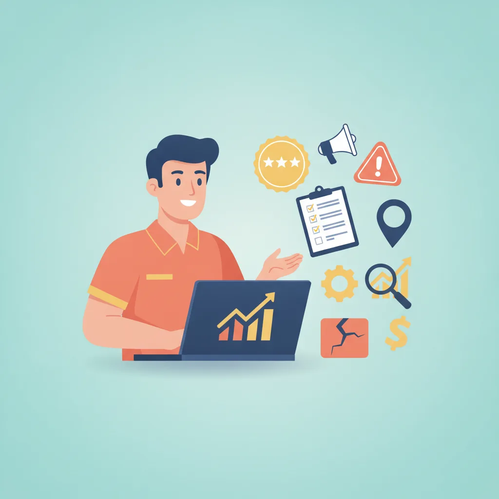 A contractor in a polo shirt reviews analytics on a laptop, surrounded by floating icons: Google pin, five-star review, clipboard, gear, magnifying glass, alert triangle, crack diagram, and dollar sig