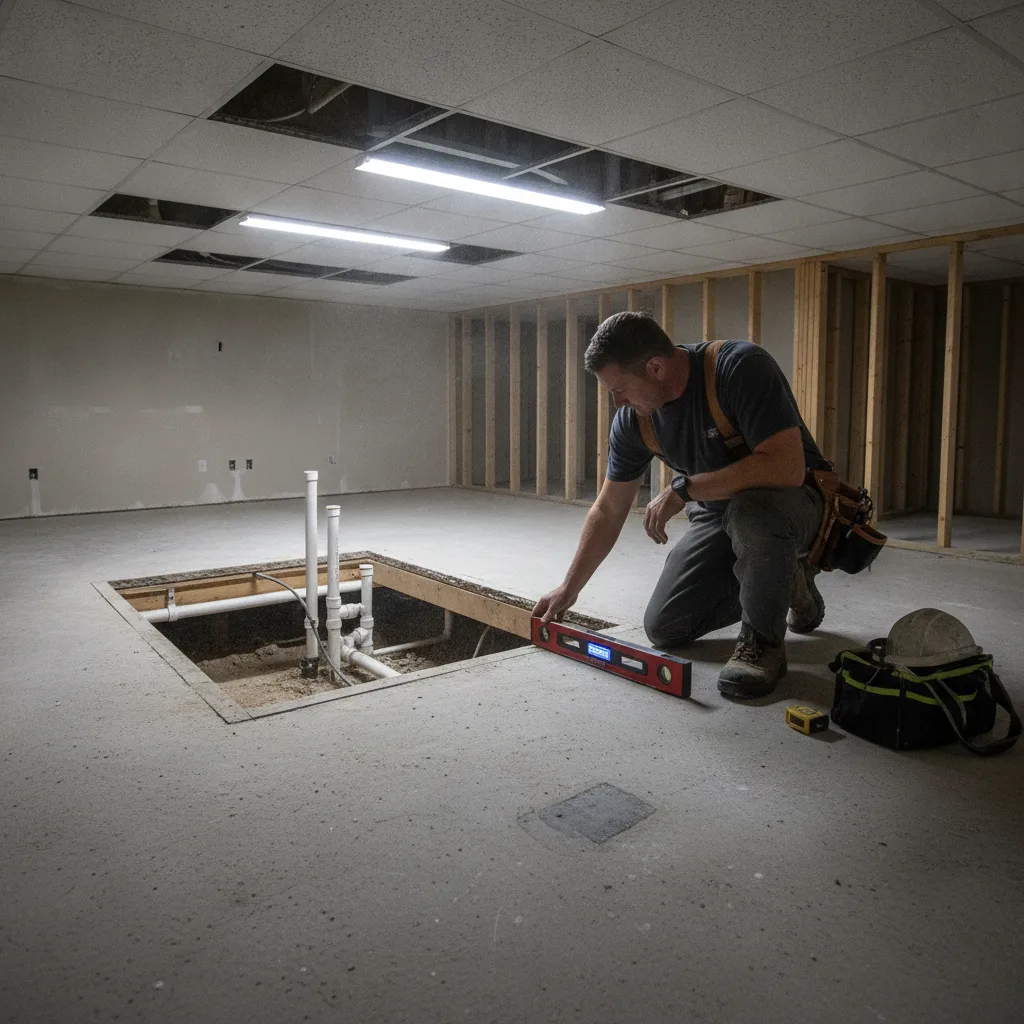 A foundation repair inspector kneels on a concrete slab, using a digital level to measure floor slope near a crawl space access.