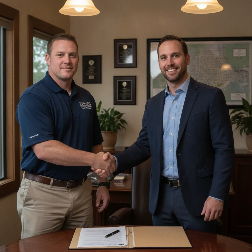 A foundation repair contractor and a realtor shaking hands in an office, with a transaction folder on the desk.