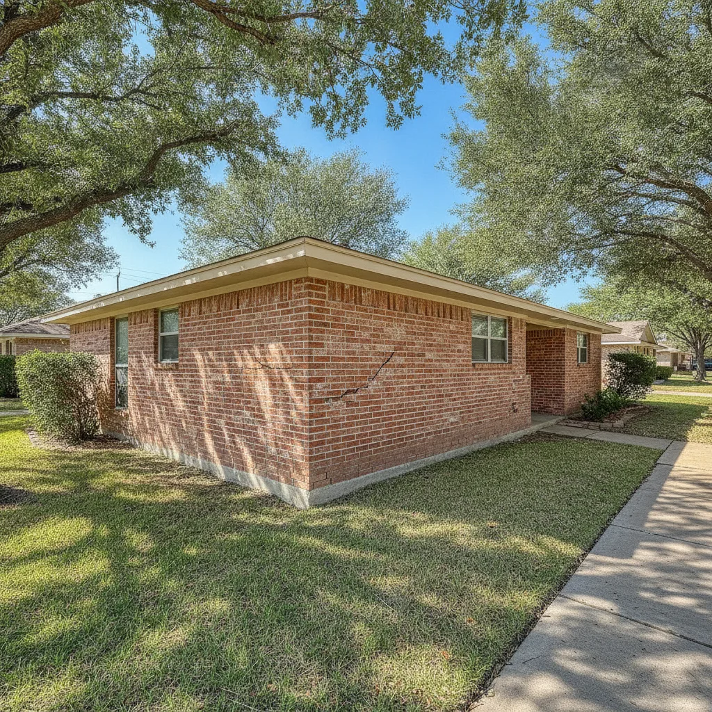 Wide shot of a Texas suburban home exterior with hairline cracks along a brick foundation wall on a sunny afternoon.