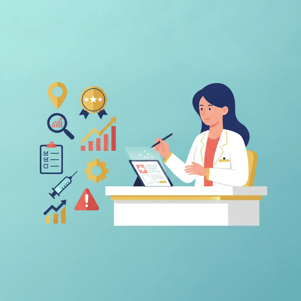 A flat vector illustration of a physician reviewing a chart on a tablet, surrounded by medical and review icons.