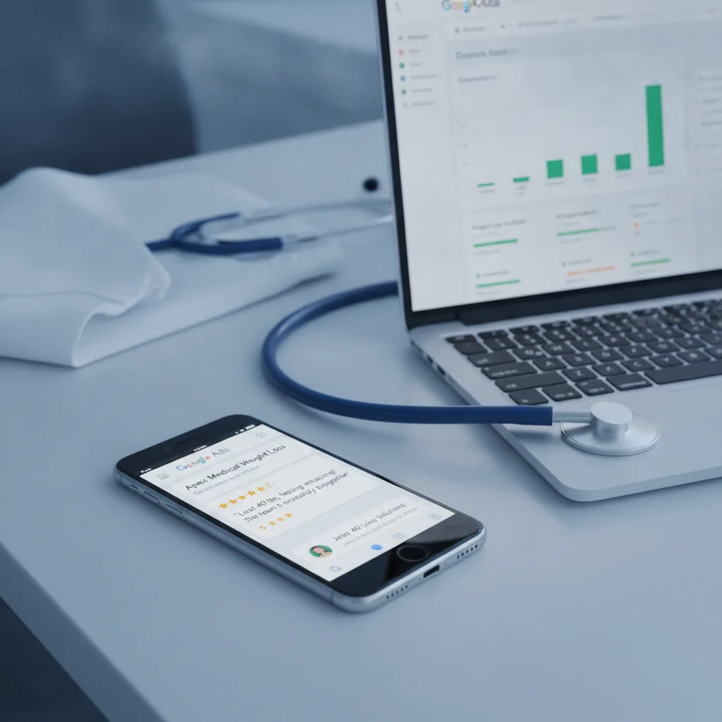 A smartphone displays a 5-star Google review for a weight loss clinic next to a laptop showing a Google Ads dashboard.