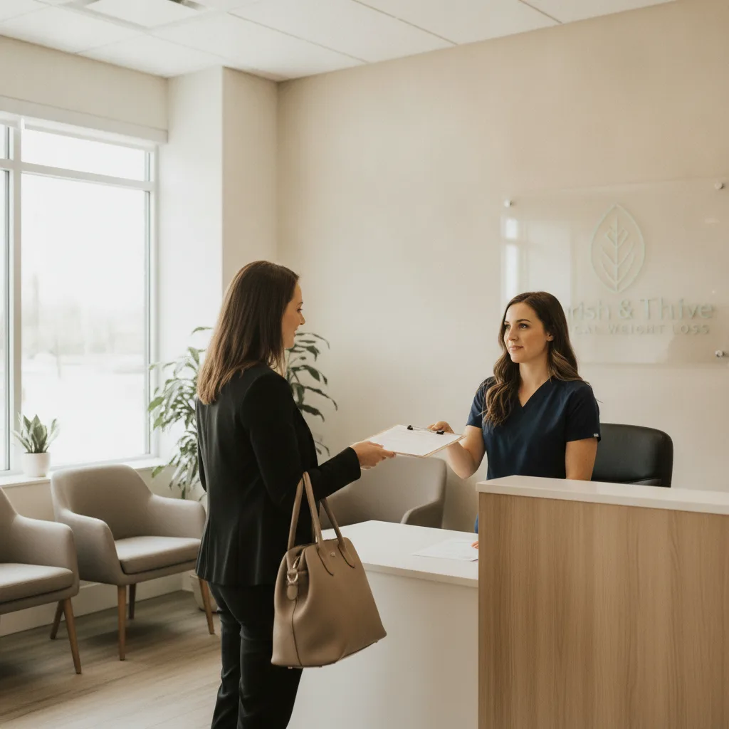 A medical weight loss clinic reception area with a front desk coordinator handing paperwork to a patient.