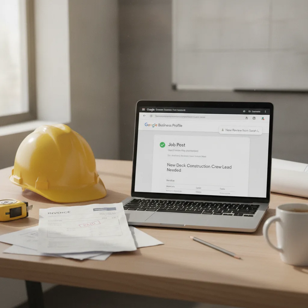 Desk with a yellow hard hat, tape measure, invoices, and laptop showing a "New Deck Construction Crew Lead" job post