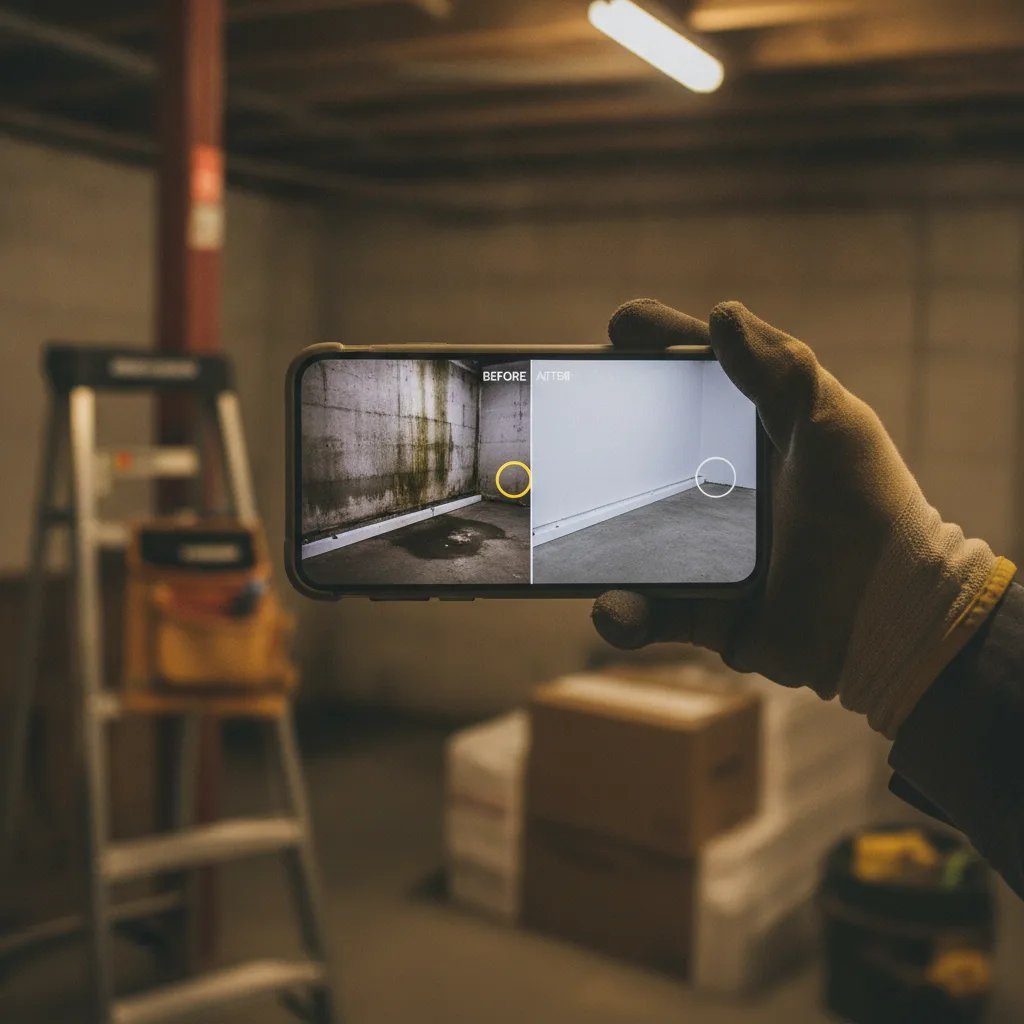 A contractor's hand holding a smartphone displaying a before-and-after comparison of a newly waterproofed basement.