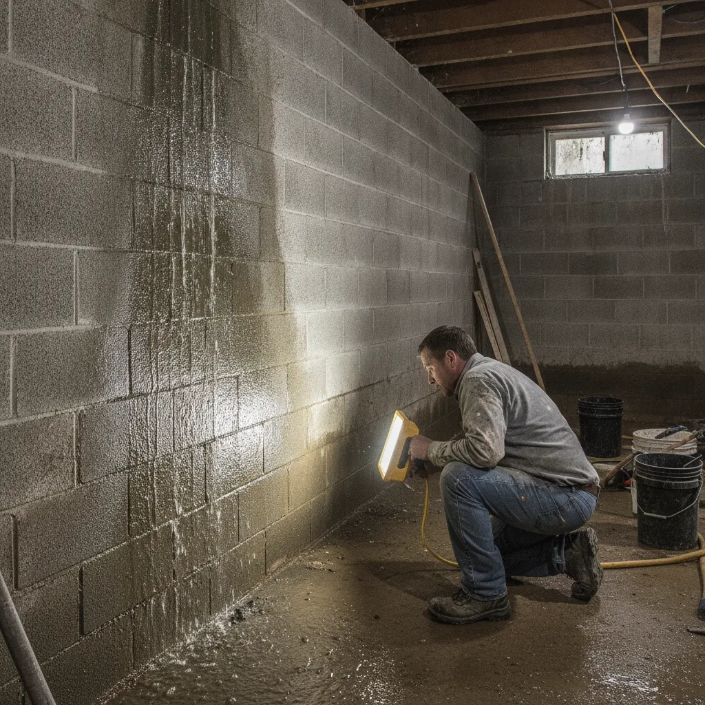 A contractor inspects water seepage through a concrete block basement wall, illuminated by a work light.