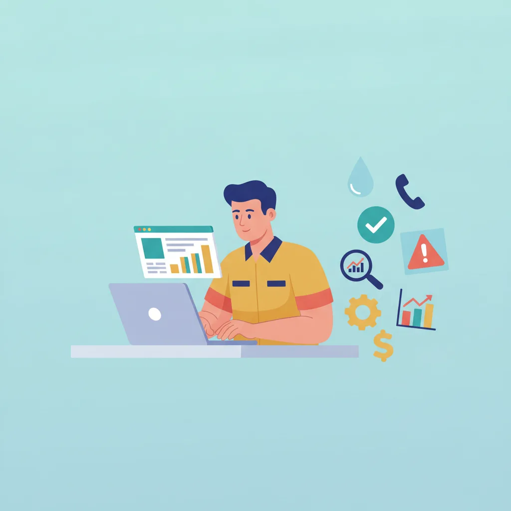 A man at a desk on a laptop, surrounded by icons like a water droplet, phone, checklist, magnifying glass, alert, gear, dollar sign, and bar chart.
