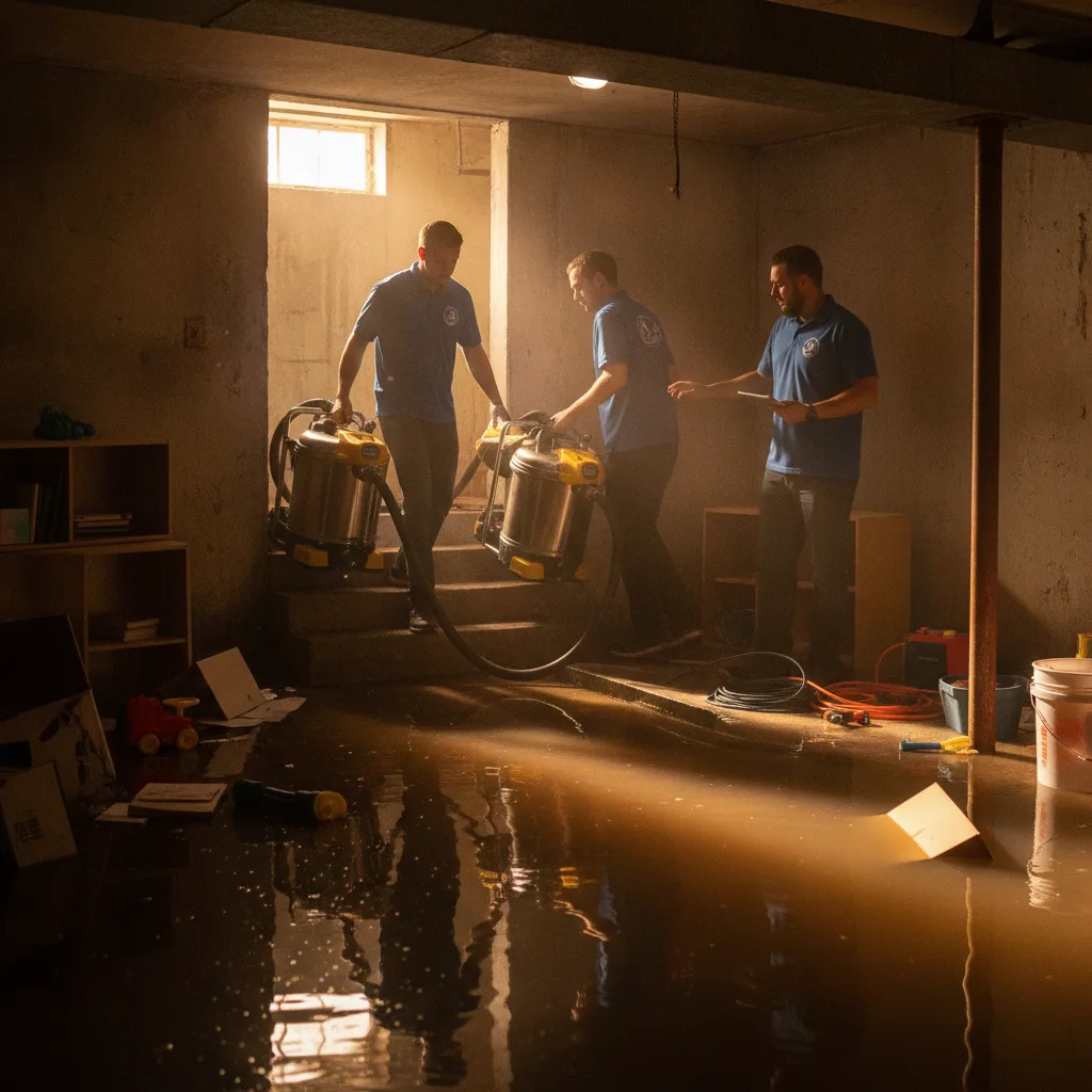 Restoration crew technicians in blue polo shirts carrying water extraction equipment into a flooded residential basement.