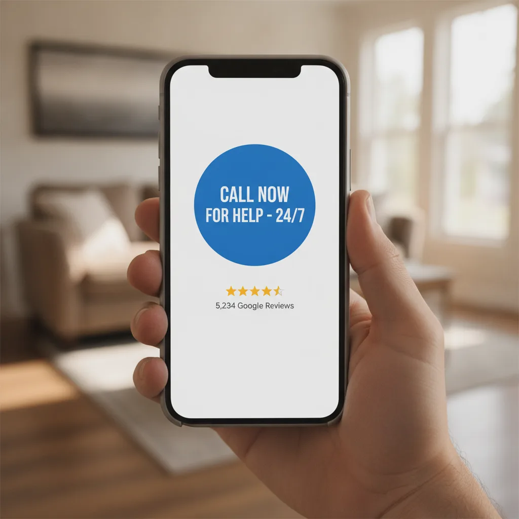 Smartphone with a water damage PPC landing page, click-to-call button, and five-star Google review count.