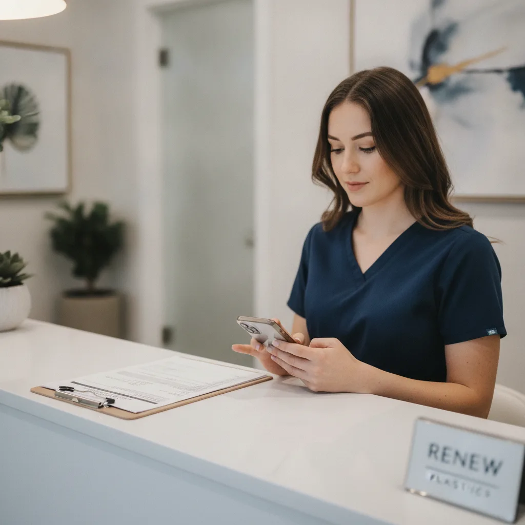 A front-desk staff member in a plastic surgery clinic texting on a smartphone, clipboard on the desk.