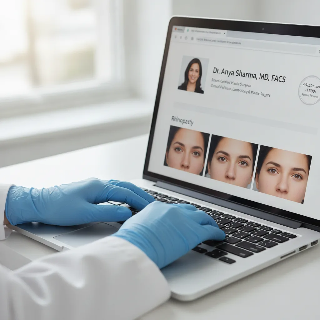A medical professional in blue gloves types on a laptop showing a plastic surgery procedure page with doctor credentials and reviews.