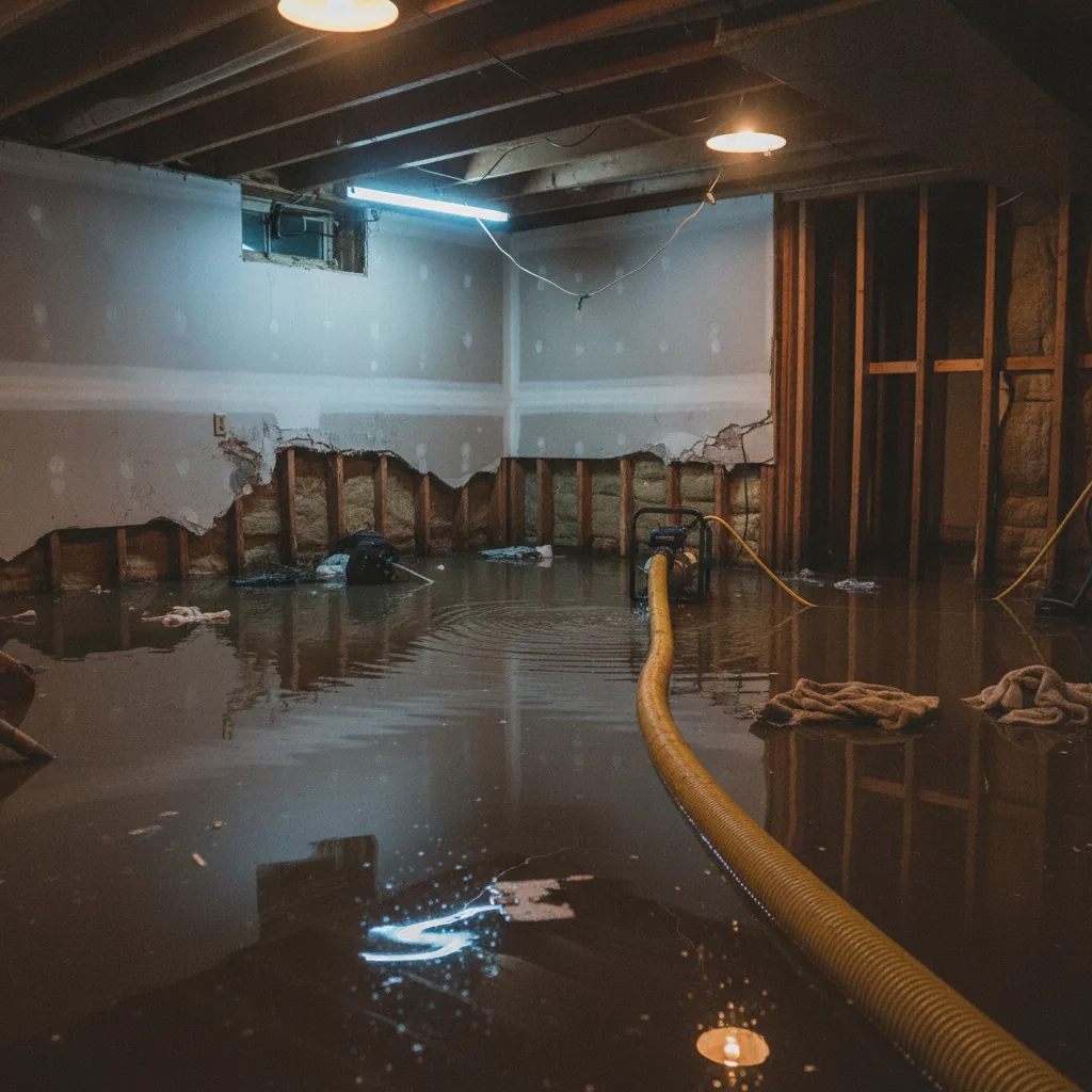 A flooded residential basement with standing water reflecting utility lights, wet drywall, and a yellow water extraction hose.