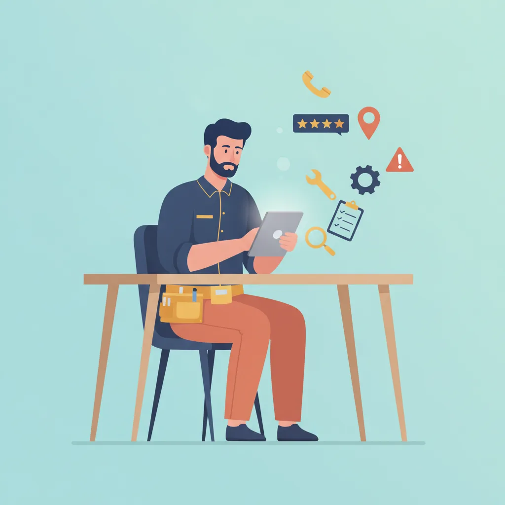 Flat vector illustration of a plumbing contractor at a desk reviewing a tablet, surrounded by floating service icons.