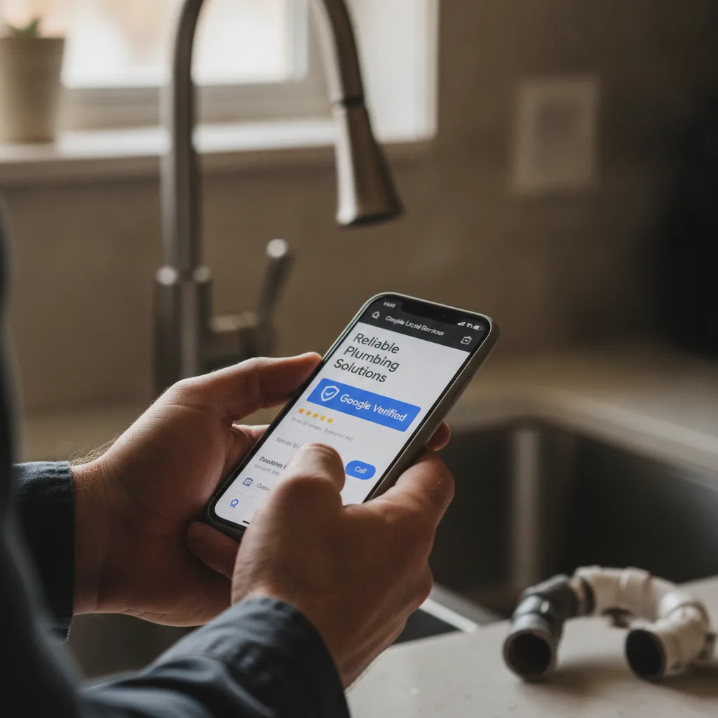 A plumber's hands holding a smartphone displaying a Google Local Services Ads listing with a blue Google Verified badge.