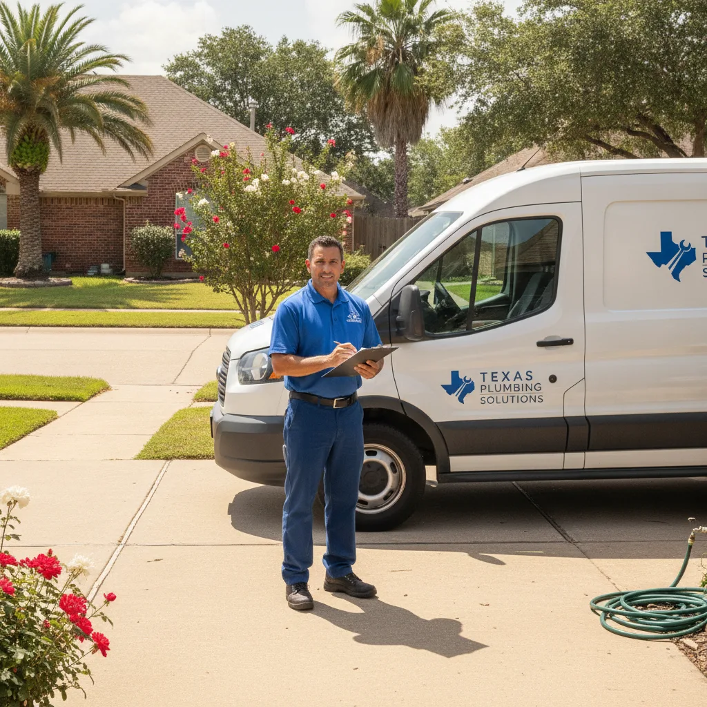 Plumbing technician in blue uniform checking a clipboard beside a white service truck in a sunny Texas driveway.