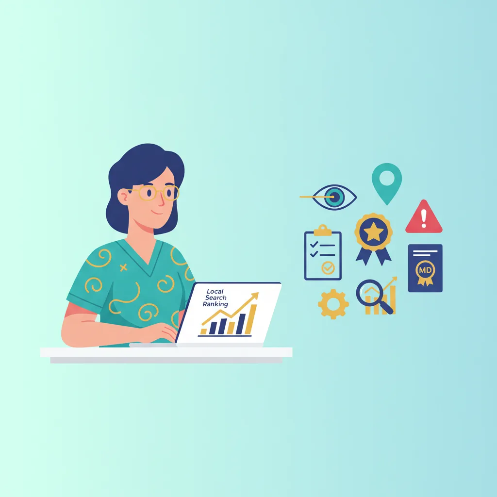 Ophthalmologist reviewing local search ranking on a laptop, with medical and search-related icons nearby.