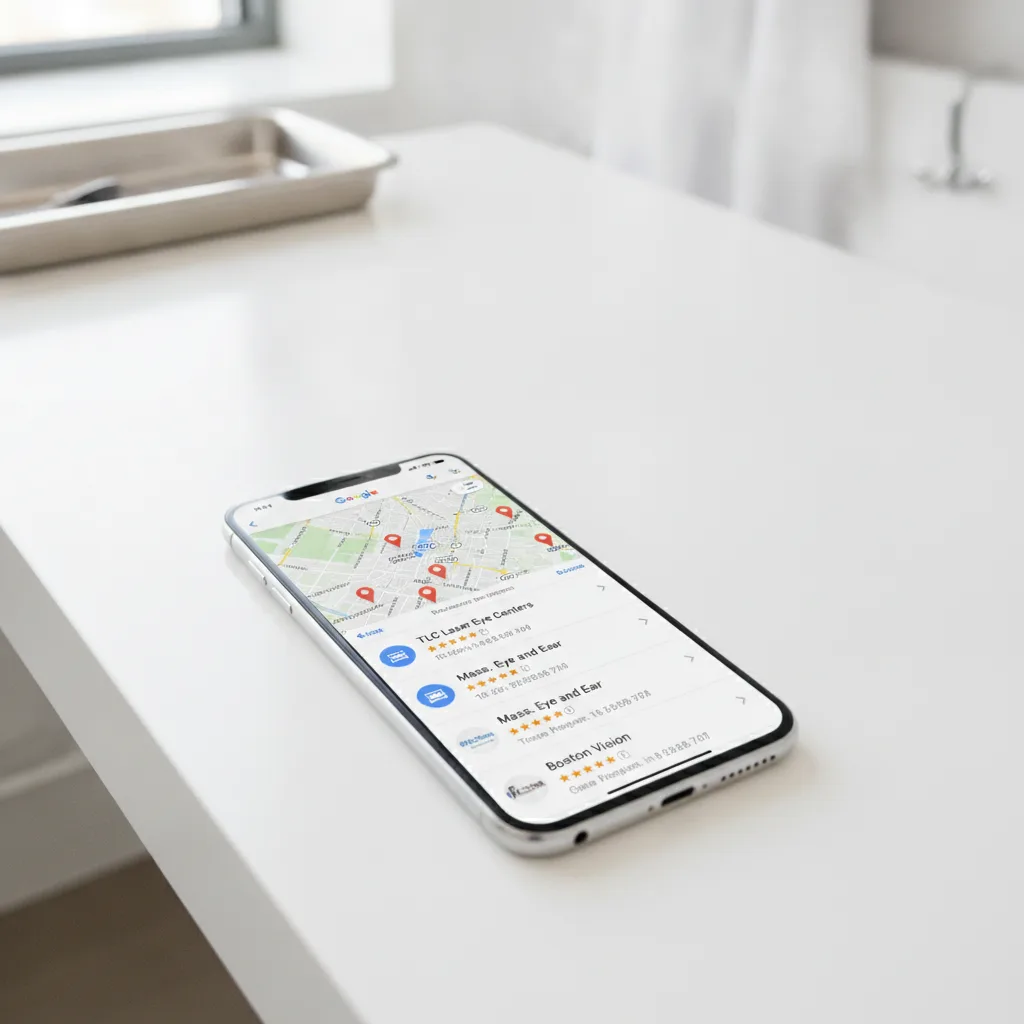 Smartphone displaying Google Maps results for LASIK centers, resting on a clean white medical desk with natural light.