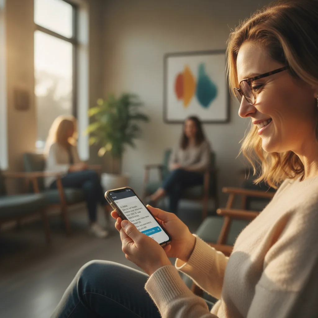 A smiling patient reads a post-visit follow-up text on her smartphone in a bright ophthalmology waiting room.