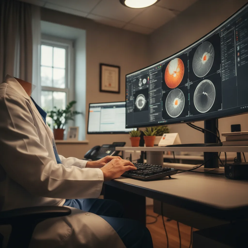 An ophthalmologist surgeon in a white coat typing on a keyboard at a modern workstation with eye scans on the monitor.
