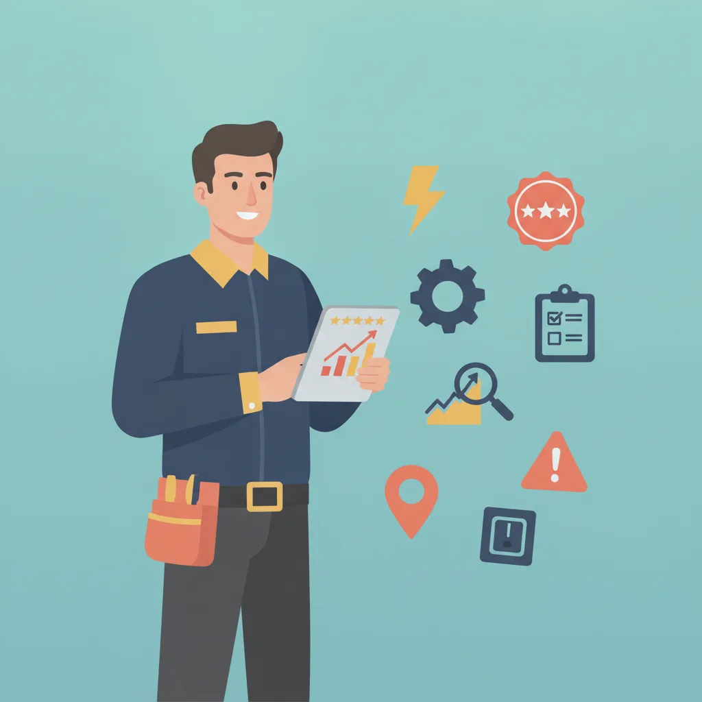 A confident electrician holding a tablet displaying a Google Map Pack ranking chart, surrounded by relevant icons.