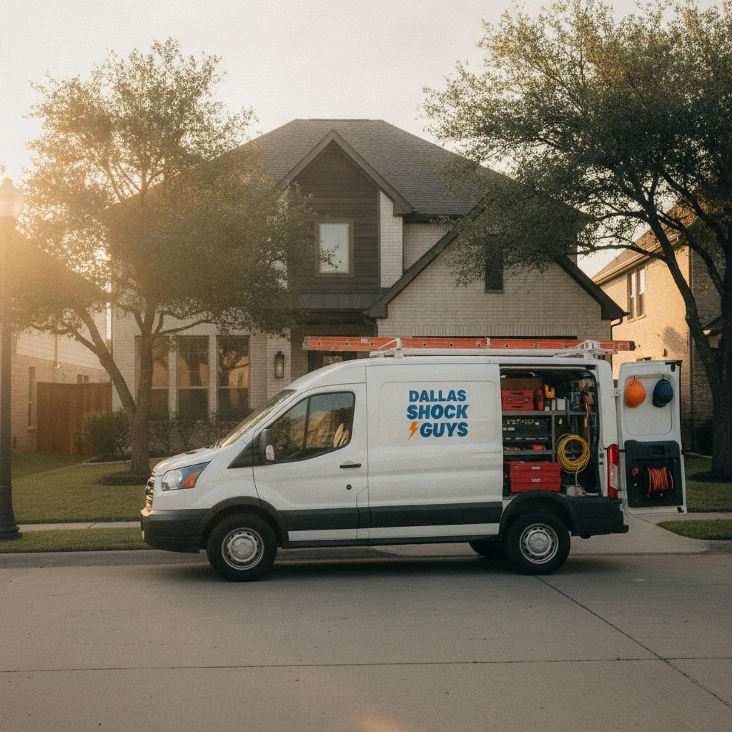 A Dallas electrician's van with an open rear, revealing tools, parked in front of a suburban home at golden hour.
