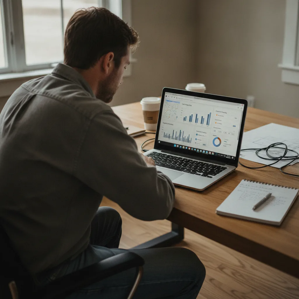 Man in an office reviewing call tracking and keyword ranking data on a Looker Studio dashboard.