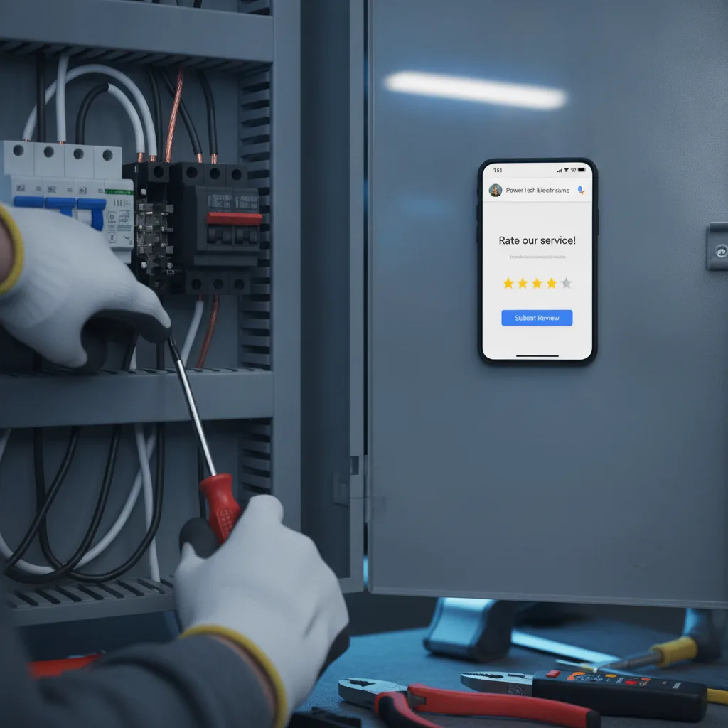 Electrician's hands installing a breaker in an electrical panel, with a smartphone displaying a Google review request.