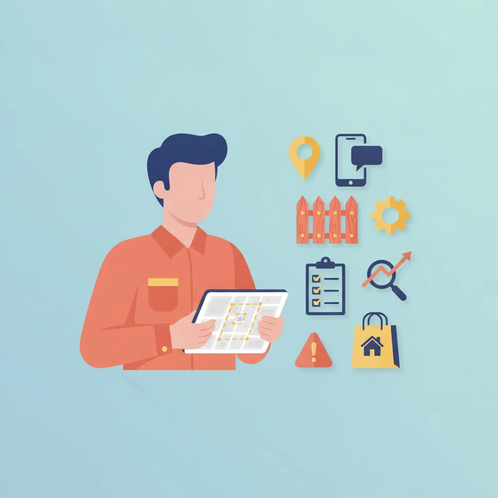 Flat vector illustration of a fence contractor holding a tablet with a geofence map, surrounded by relevant icons.