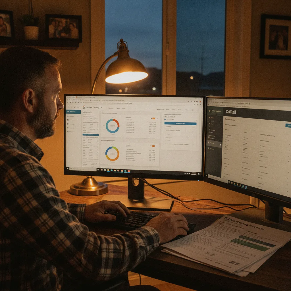 A man reviews a CRM dashboard and CallRail analytics on two monitors at a home office desk in the evening.