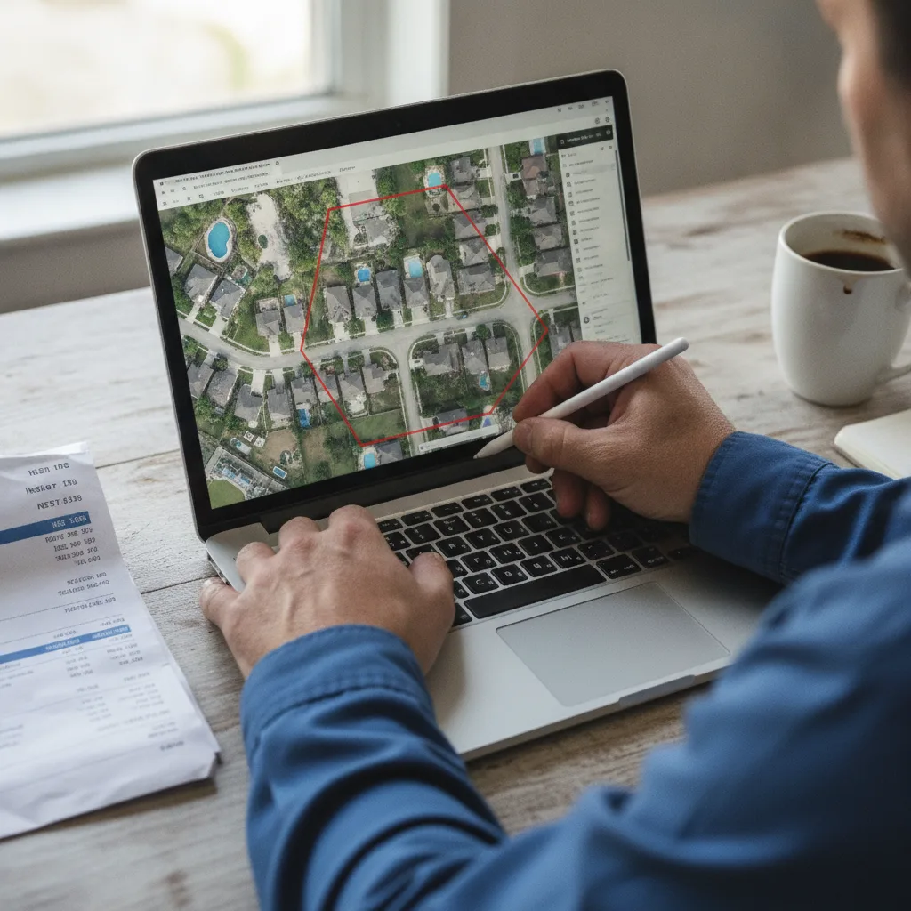 Contractor's hands drawing a polygon on a digital map of a Texas suburban neighborhood on a laptop screen.