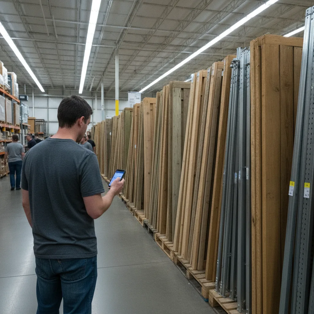 A homeowner stands in a Home Depot garden center aisle, viewing fence panels and posts, holding a smartphone.