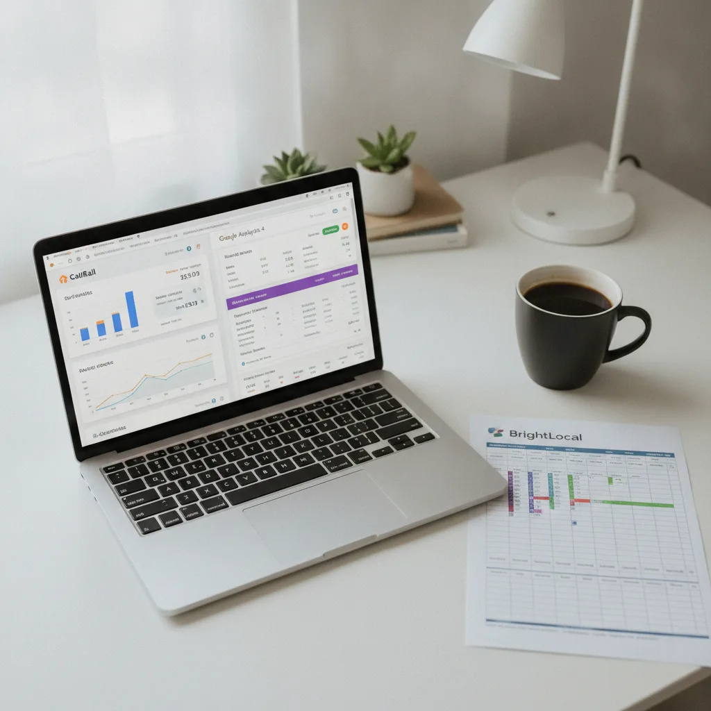 Overhead shot of a laptop displaying CallRail and Google Analytics 4 dashboards, with a BrightLocal report and coffee.